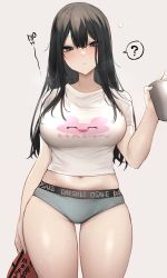 Rule 34 | 1girl, ?, black hair, blue eyes, blue panties, blush, breasts, commentary request, cowboy shot, crop top, cup, danimaru, eyes visible through hair, grey background, highres, holding, holding cup, large breasts, long hair, looking at viewer, midriff, narrowed eyes, navel, no pants, original, panties, shirt, short sleeves, sidelocks, simple background, solo, speech bubble, spoken question mark, stomach, sweat, t-shirt, taut clothes, taut shirt, text print, thick thighs, thighs, translation request, underwear, white shirt