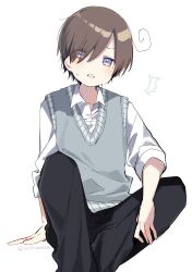 Rule 34 | 1boy, ^^^, absurdres, arm support, black pants, blue eyes, brown hair, collared shirt, dress shirt, eyes visible through hair, feet out of frame, hair over one eye, highres, knees up, long sleeves, looking at viewer, male focus, original, pants, parted lips, shirt, simple background, sitting, sofra, solo, sweat, sweater vest, twitter username, white background, white shirt