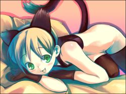 Rule 34 | animal ears, blush, bottomless, cat ears, cat tail, fang, flat chest, gloves, no panties, short hair, soine, solo, tail, thighhighs, wallpaper