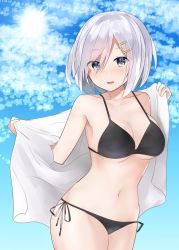 Rule 34 | 10s, 1girl, absurdres, bikini, black bikini, blue eyes, breasts, cloud, day, eyes visible through hair, hair ornament, hair over one eye, hairclip, hamakaze (kancolle), highres, kantai collection, large breasts, looking at viewer, natsu (sinker8c), short hair, side-tie bikini bottom, silver hair, sky, solo, swimsuit, undressing