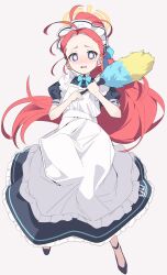 Rule 34 | 1girl, absurdres, ahoge, apron, black dress, black footwear, blue archive, dress, duster, forehead, full body, gachop99, halo, highres, holding, holding duster, long hair, looking at viewer, maid apron, official alternate costume, open mouth, puffy short sleeves, puffy sleeves, purple eyes, red hair, shoes, short sleeves, simple background, solo, white apron, white background, yellow halo, yuzu (blue archive), yuzu (maid) (blue archive)