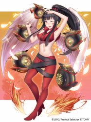Rule 34 | 10s, 1girl, ;d, angel wings, arm up, armpits, black hair, breasts, brown eyes, crop top, feathers, fire, full body, long hair, midriff, navel, official art, one eye closed, open mouth, pants, pointing, pointing up, ponytail, ray-akila, scrunchie, selector wixoss, smile, solo, very long hair, wings, wixoss, yuzuki (wixoss)