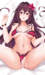Rule 34 | 1girl, :d, after vaginal, aftersex, bikini, bikini bottom aside, blush, bracelet, breasts, censored, clothing aside, cum, cum in pussy, fate/grand order, fate (series), female pubic hair, flower, hair flower, hair ornament, hanada yanochi, jewelry, large breasts, long hair, navel, open mouth, pubic hair, purple bikini, purple hair, pussy, red eyes, scathach (fate), scathach (fate/grand order), scathach (swimsuit assassin) (fate), smile, solo, swimsuit, unfastened, untied bikini