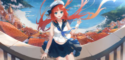 Rule 34 | 1girl, absurdres, alternate costume, anchor symbol, aqua eyes, bare arms, blue neckerchief, blue sailor collar, blue skirt, blush, building, cityscape, contemporary, cowboy shot, day, floating hair, genshin impact, hand up, hat, highres, long hair, low twintails, midriff, miniskirt, neckerchief, nilou (genshin impact), ocean, outdoors, parted bangs, parted lips, red hair, sailor collar, school uniform, serafuku, shirt, sitting, skirt, sleeveless, sleeveless shirt, smile, solo, sparkle, swkl:d, thighs, tile roof, twintails, water, white hat, white shirt, wind, wrist cuffs