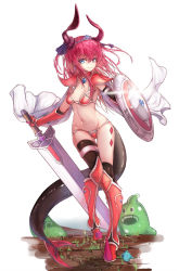 Rule 34 | 1girl, armor, armored boots, asymmetrical horns, bikini, bikini armor, black thighhighs, blue eyes, blue ribbon, boots, breasts, broadsword, cape, choker, curled horns, dragon horns, dragon tail, elizabeth bathory (brave) (fate), elizabeth bathory (fate), fate/grand order, fate (series), full body, hair ribbon, highres, hokaru, horns, knee boots, long hair, loose bikini, navel, oversized clothes, pauldrons, pink hair, pointy ears, red armor, red bikini, red choker, red footwear, ribbon, shield, shoes, shoulder armor, silver trim, slime (creature), small breasts, solo, spiked boots, spiked footwear, spiked shoes, spikes, string bikini, swimsuit, tail, thighhighs, tiara, two side up, uneven horns, vambraces, very long hair, white cape