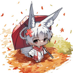 Rule 34 | 1girl, animal ear fluff, animal ears, autumn leaves, braid, chibi, closed mouth, commentary request, fox ears, fox girl, fox tail, full body, grey hair, hair ornament, hair rings, highres, holding, holding umbrella, japanese clothes, kimono, leaf, long sleeves, looking at viewer, maple leaf, original, pleated skirt, red eyes, red skirt, red umbrella, skirt, sleeves past wrists, smile, solo, tail, umbrella, white background, white kimono, wide sleeves, x hair ornament, yuuji (yukimimi)