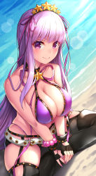 Rule 34 | 1girl, absurdres, bad id, bad twitter id, bare shoulders, bb (fate), bb (fate) (all), bb (swimsuit mooncancer) (fate), bb (swimsuit mooncancer) (second ascension) (fate), beach, belt, bikini, black garter belt, black gloves, black thighhighs, blush, bracelet, breasts, butterfly sitting, cleavage, closed mouth, commentary request, day, fate/extra, fate/grand order, fate (series), fingerless gloves, from above, garter belt, gloves, hair ornament, hair ribbon, hairband, highres, jewelry, large breasts, long hair, looking at viewer, micro shorts, nail polish, nano (syoutamho), ocean, outdoors, purple bikini, purple eyes, purple hair, purple ribbon, revision, ribbon, sand, shorts, sitting, smile, solo, star (symbol), star hair ornament, studded garter belt, swimsuit, thighhighs, v arms, very long hair, water