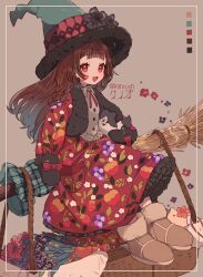 Rule 34 | 1girl, artist name, bandaid, bandaid on face, basket, black gloves, black hair, boots, braid, broom, broom riding, brown footwear, cat, color guide, dress, flower, flower ornament, fur-trimmed boots, fur-trimmed headwear, fur trim, gloves, gradient hair, hat, hat ornament, highres, jikuno, long hair, multicolored hair, neck ribbon, open mouth, original, red dress, red eyes, red ribbon, ribbon, side braid, sitting, smile, solo, tomato, twitter username, witch, witch hat