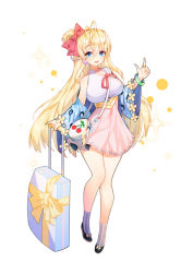 Rule 34 | 1girl, :d, bad id, bad pixiv id, bag, bare shoulders, black footwear, blonde hair, blue eyes, blue jacket, blush, bow, breasts, earrings, flower, full body, hair between eyes, hair bow, index finger raised, jacket, jewelry, large breasts, long hair, long sleeves, looking at viewer, off shoulder, one side up, open mouth, original, pink skirt, pinky out, red bow, red ribbon, ribbon, ring, rolling suitcase, shirt, shoes, shoulder bag, simple background, skirt, sleeves past wrists, smile, socks, solo, sparkle, striped clothes, striped socks, suitcase, tp (kido 94), vertical-striped clothes, vertical-striped socks, very long hair, white background, white shirt, wide sleeves, yellow flower