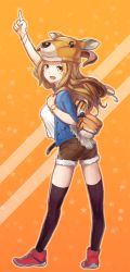 Rule 34 | 10s, 1girl, :d, alternate costume, animal hat, animal print, arm up, ass, backpack, bag, bazooka oiran, belt, black thighhighs, blush, breasts, brown eyes, brown hair, brown shorts, casual, contemporary, daetta (granblue fantasy), draph, full body, fur trim, granblue fantasy, hat, holding strap, horns, index finger raised, jacket, long hair, looking at viewer, md5 mismatch, open mouth, orange background, pointing, pointing up, red footwear, shoes, shorts, smile, sneakers, solo, star (symbol), thighhighs, tiger print, watch, wristwatch