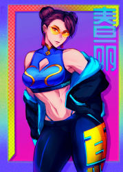 1girl, bare shoulders, black pants, blue sports bra, breasts, brown eyes, brown hair, capcom, chun-li, cleavage, cleavage cutout, clothing cutout, contrapposto, double bun, earrings, hands in pockets, highleg, highleg panties, iahfy, jacket, jewelry, medium breasts, multicolored, multicolored clothes, multicolored jacket, navel, off shoulder, panties, pants, rimless eyewear, solo, sports bra, standing, stomach, street fighter, street fighter: duel, sunglasses, tassel, tassel earrings, taut clothes, thick thighs, thighs, tight, tight pants, tinted eyewear, toned, underwear, vaporwave, yellow-tinted eyewear, yellow-tinted glasses, yoga pants