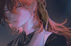 Rule 34 | 1boy, black background, black shirt, blouse, commentary, diluc (genshin impact), english commentary, genshin impact, hair between eyes, highres, kitsunekotori, looking at viewer, male focus, parted lips, portrait, red eyes, red hair, shirt, signature, simple background, solo, vest, white vest