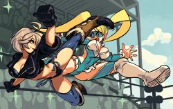 Rule 34 | 2girls, alex ahad, angel (kof), black gloves, blonde hair, blue eyes, boots, breasts, capcom, cleavage, crossover, gloves, highres, kicking, knee pads, long twintails, midriff, multiple girls, rainbow mika, snk, street fighter, the king of fighters, twintails, wrestling mask, wrestling outfit, wrestling ring