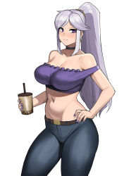 Rule 34 | 1girl, belt, breasts, bubble tea, casual, cleavage, collarbone, commission, commissioner upload, contemporary, denim, donburi (donburikazoku), earrings, fire emblem, fire emblem: genealogy of the holy war, fire emblem heroes, groin, hand on own hip, highres, ishtar (fire emblem), jeans, jewelry, large breasts, nail polish, navel, nintendo, pants, purple eyes, purple hair, purple nails, sleeveless, smile, solo