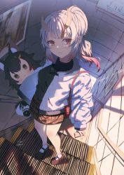 Rule 34 | 1girl, bag, black shirt, blush, fang, full body, grey hair, handbag, highres, holding, hololive, horns, indoors, jacket, long hair, long sleeves, looking at viewer, maria onnette, multicolored hair, nakiri ayame, oni, open clothes, open jacket, plaid, plaid skirt, ponytail, red eyes, red hair, shirt, skin-covered horns, skirt, streaked hair, stuffed toy, virtual youtuber, white hair