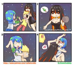Rule 34 | &gt; &lt;, 1boy, 2girls, 4koma, :d, :t, absurdres, arm up, armpit hair, licking armpit, armpits, artist name, ass, asymmetrical sleeves, bad id, bad pixiv id, bare shoulders, bite mark, black dress, black hair, black sclera, blackhole-chan, blonde hair, blue eyes, blue hair, blue neckerchief, blue sailor collar, blue skirt, blush, bowl, breasts, bulge, cellphone, cleavage, clenched teeth, closed eyes, closed mouth, collarbone, colored sclera, comic, commentary, dress, earth-chan, erection, erection under clothes, food, food on face, green hair, greenteaneko, grin, hair between eyes, head bump, heart, highres, holding, holding bowl, holding phone, licking, m87 black hole, medium breasts, middle finger, monster girl, multicolored hair, multiple girls, neckerchief, nose blush, numbered panels, open mouth, orange eyes, original, pants, personification, phone, pine tree, pleated skirt, profile, red eyes, red hair, red pants, sailor collar, school uniform, serafuku, sharp teeth, shirt, short dress, short sleeves, silent comic, skirt, small breasts, smartphone, smile, spoken heart, spoken object, square 4koma, strapless, strapless dress, streaked hair, sweat, sweatdrop, teeth, tongue, tongue out, torn clothes, torn shirt, tree, two-tone hair, uneven sleeves, v-shaped eyebrows, watermark, web address, when you see it, white shirt, yellow shirt, yuri