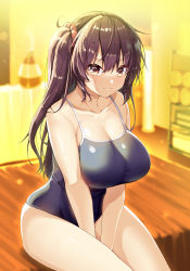 Rule 34 | 1girl, akahito, bare arms, bare legs, bed, bed sheet, between legs, black one-piece swimsuit, blurry, blurry background, breasts, brown eyes, brown hair, cleavage, closed mouth, collarbone, commentary request, competition school swimsuit, competition swimsuit, hair ornament, hair scrunchie, hand between legs, highres, humidifier, indoors, large breasts, long hair, looking at viewer, one-piece swimsuit, original, school swimsuit, scrunchie, sidelocks, sitting, solo, swimsuit, towel