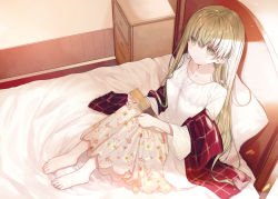 Rule 34 | 1girl, barefoot, bed, bed frame, bed sheet, beige skirt, blush, cecilia (shiro seijo to kuro bokushi), collarbone, commentary, dutch angle, floral print, from above, green eyes, green hair, holding, indoors, kazutake hazano, knees up, long hair, long skirt, long sleeves, looking afar, nightstand, on bed, pale skin, pillow, pink scarf, plaid, plaid scarf, red scarf, scarf, shelf, shiro seijo to kuro bokushi, shirt, sitting, skirt, smile, solo, sunlight, white shirt