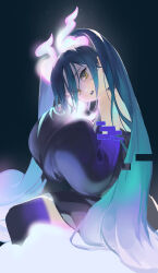 Rule 34 | 1girl, bare shoulders, black background, black skirt, black thighhighs, creatures (company), detached sleeves, game freak, ghost miku (project voltage), glitch, hair ornament, hair over one eye, hands up, hatsune miku, highres, light particles, long hair, looking to the side, miniskirt, nintendo, open mouth, pamafff, pokemon, project voltage, simple background, sitting, skirt, sleeves past fingers, sleeves past wrists, solo, thighhighs, twintails, very long hair, vocaloid, wide sleeves, yellow eyes
