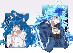 Rule 34 | 1boy, 1girl, blue eyes, blue hair, blue hoodie, blue lips, bow, closed mouth, commentary request, crossover, debt, fingers together, flat chest, grey hoodie, hair bow, headphones, highres, hood, hoodie, idia shroud, kagari hiko, long hair, long sleeves, look-alike, looking at viewer, open mouth, pale skin, short sleeves, touhou, twisted wonderland, upper body, wavy hair, yellow eyes, yorigami shion