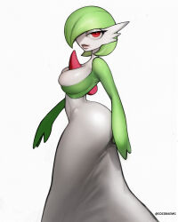 Rule 34 | 1girl, absurdres, artist name, bob cut, breasts, cocobaemg, colored skin, creatures (company), female focus, from side, game freak, gardevoir, gen 3 pokemon, green hair, green skin, hair over one eye, half-closed eyes, highres, large breasts, lips, looking at viewer, mole, mole under eye, multicolored skin, nintendo, one eye covered, parted lips, pokemon, pokemon (creature), red eyes, shiny skin, short hair, simple background, skindentation, solo, standing, twitter username, two-tone skin, walking, watermark, white background, white skin