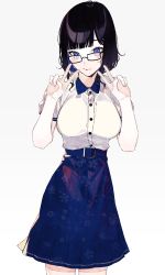 Rule 34 | 1girl, absurdres, belt buckle, black-framed eyewear, black hair, blue eyes, blue skirt, blunt bangs, bob cut, breasts, buckle, buttons, closed mouth, collared shirt, commentary request, cowboy shot, double v, floral print, glasses, grey background, hands up, highres, kayahara, large breasts, long skirt, looking at viewer, original, print skirt, shirt, shirt tucked in, short hair, simple background, skirt, solo, standing, v, white shirt