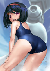 Rule 34 | 1girl, :o, artist name, ass, black hair, blue one-piece swimsuit, blurry, blurry background, blush, commentary request, cowboy shot, from behind, from below, hair ornament, hairband, hand on knee, highres, leaning forward, looking at viewer, looking back, looking down, one-piece swimsuit, open mouth, original, pink eyes, red hairband, rohitsuka, school swimsuit, short hair, signature, solo, standing, swimsuit, tearing up, tears, teeth, upper teeth only, wet, wet clothes, wet swimsuit