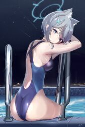 Rule 34 | 1girl, absurdres, animal ears, ass, blue archive, halo, highleg, highleg swimsuit, highres, looking at viewer, looking back, noa9noaa, one-piece swimsuit, shiroko (blue archive), shiroko (swimsuit) (blue archive), solo, swimsuit, wet, wet clothes, wet swimsuit, wolf ears