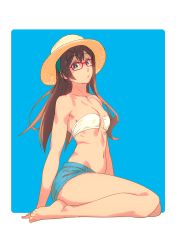 Rule 34 | 1girl, alternate costume, alternate hair color, aqua eyes, aqua hairband, arm support, bandeau, bare arms, bare legs, bare shoulders, bikini, bikini top only, blue background, blue shorts, breasts, brown hair, collarbone, female focus, from side, full body, glasses, hairband, hat, highres, kantai collection, legs, long hair, looking at viewer, navel, neck, ooyodo (kancolle), red-framed eyewear, short shorts, shorts, sitting, small breasts, solo, strapless, strapless bikini, straw hat, swimsuit, wariza, white bikini, yuuji (and)