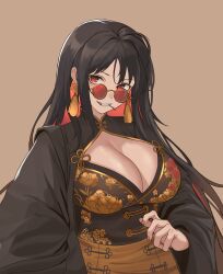 Rule 34 | 1girl, absurdres, black coat, black dress, black hair, breasts, china dress, chinese clothes, chinese knot, cleavage, coat, colored inner hair, dress, earrings, floral print, goddess of victory: nikke, highres, jewelry, large breasts, long hair, long sleeves, looking over eyewear, moran (nikke), multicolored hair, red eyes, red hair, simple background, solo, sunglasses, tassel, tassel earrings, two-tone dress, user nynu4828, yellow dress