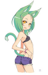 Rule 34 | 1girl, animal ears, cat ears, cat tail, green hair, hair ornament, hairclip, hand on own hip, hip focus, looking back, midriff, narrow waist, open mouth, original, short hair, short shorts, shorts, simple background, skinny, solo, tail, uni tenten, yellow eyes