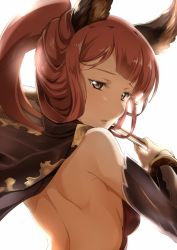 Rule 34 | 10s, 1girl, animal ears, backless outfit, backlighting, bloom, detached sleeves, erune, granblue fantasy, grey eyes, highres, instrument, kurosawa shouichi, long hair, long sleeves, mole, mole under eye, open mouth, red hair, selfira, simple background, solo, violin, white background