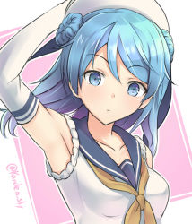 Rule 34 | 10s, 1girl, arm up, armpits, bad id, bad pixiv id, bare shoulders, beret, blue eyes, blue hair, gloves, gradient hair, hat, kanden sky, kantai collection, long hair, looking at viewer, matching hair/eyes, multicolored hair, neckerchief, school uniform, serafuku, shirt, sleeveless, sleeveless shirt, sleeves rolled up, solo, upper body, urakaze (kancolle), white gloves, white hat, yellow neckerchief