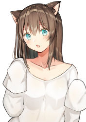 Rule 34 | 1girl, animal ear fluff, animal ears, bad id, bad pixiv id, blouse, blue eyes, blush, brown hair, cat ears, cat girl, chestnut mouth, collarbone, commentary request, fang, hair between eyes, hands up, head tilt, kurata rine, long hair, long sleeves, looking at viewer, original, oversized clothes, oversized shirt, parted lips, shirt, simple background, sleeves past fingers, sleeves past wrists, solo, white background, white shirt
