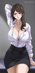 Rule 34 | 1girl, arm behind head, arm support, arm up, black skirt, bra, breasts, brown hair, collarbone, grey eyes, highres, large breasts, long hair, long sleeves, miniskirt, mkm 0610, mole, mole on breast, office lady, original, partially unbuttoned, shirt, skirt, solo, underwear, white bra, white shirt