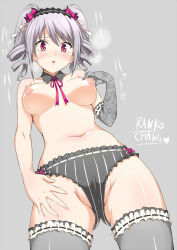 Rule 34 | 10s, 1girl, black panties, blush, bow, breasts, cameltoe, chestnut mouth, drill hair, elbow gloves, embarrassed, floral print, frilled thighhighs, frills, gloves, grey background, hair bow, hairband, heavy breathing, idolmaster, idolmaster cinderella girls, kanzaki ranko, large breasts, lolita hairband, looking at viewer, navel, nipples, panties, pink eyes, pinstripe pattern, print gloves, sanroku-maru (unnu), simple background, single glove, solo, striped clothes, striped panties, tears, thighhighs, topless, twin drills, twintails, underthreat, underwear