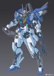 Rule 34 | absurdres, blue eyes, clenched hands, gn drive, grey background, gundam, gundam 00 sky, gundam build divers, highres, holding, holding sword, holding weapon, looking at viewer, mecha, no humans, redesign, robot, sheath, solo, standing, sword, unsheathing, v-fin, weapon, ztb0000