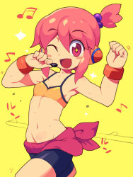 Rule 34 | 1girl, armpits, bike shorts, earphones, groin, hair bobbles, hair ornament, metata, musical note, navel, one eye closed, open mouth, pink eyes, pink hair, short hair, simple background, solo, sports bra, sweat, wink, wristband, yellow background