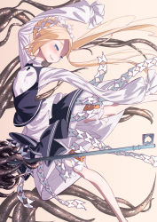 Rule 34 | 1girl, abigail williams (fate), abigail williams (festival outfit) (fate), arms up, beige background, black skirt, black vest, blonde hair, bloomers, blue eyes, blush, bow, braid, breasts, cluseller, fate/grand order, fate (series), female focus, forehead, french braid, hair bow, half-closed eyes, happy, heart, key, keyhole, layered skirt, leg up, long hair, long sleeves, official alternate costume, open mouth, orange bow, oversized object, shirt, sidelocks, skirt, sleeves past fingers, sleeves past wrists, small breasts, smile, solo, spread legs, standing, standing on one leg, teeth, tentacles, underwear, vest, white bloomers, white bow, white shirt