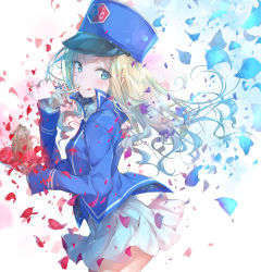 Rule 34 | 1girl, :q, bc freedom (emblem), bc freedom military uniform, blonde hair, blue hat, blue jacket, blue vest, closed mouth, commentary, dress shirt, drill hair, emblem, food, fork, from side, girls und panzer, green eyes, hat, high collar, holding, holding fork, holding saucer, jacket, kepi, licking lips, long hair, long sleeves, looking at viewer, marie (girls und panzer), military, military hat, military uniform, miniskirt, mont blanc (food), petals, pleated skirt, pulp piroshi, saucer, shirt, skirt, smile, solo, standing, tongue, tongue out, uniform, vest, white shirt, white skirt, wind