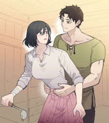 Rule 34 | 1boy, 1girl, bandaged arm, bandages, black hair, black pants, bob cut, breasts, brown hair, collared shirt, cookie, cowboy shot, eren yeager, facial scar, food, green eyes, green shirt, grey eyes, hair between eyes, hands on another&#039;s waist, highres, holding, holding ladle, indoors, ladle, large breasts, long skirt, long sleeves, looking at another, looking back, mikasa ackerman, pants, parted bangs, parted lips, pink skirt, pleated skirt, rakji, scar, scar on cheek, scar on face, shingeki no kyojin, shirt, short hair, short sleeves, skirt, sleeves rolled up, toned, toned male, white shirt
