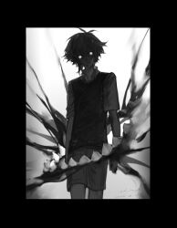Rule 34 | 1boy, arms at sides, basil (omori), black border, border, chinese commentary, collared shirt, commentary request, cowboy shot, crying, crying with eyes open, dated, expressionless, glowing, glowing eyes, greyscale, hair between eyes, high contrast, highres, kmkmkmkm, looking at viewer, male focus, monochrome, omori, shirt, short hair, shorts, signature, simple background, solo, standing, tears, vest, white background, wide-eyed