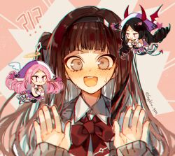 Rule 34 | !?, 3girls, angel and devil, black hair, blush, bow, bowtie, brown hair, cardigan, closed mouth, collared shirt, commander (forever 7th capital), demon tail, demon wings, female commander (forever 7th capital), forever 7th capital, grey cardigan, halo, hands up, horns, long hair, multiple girls, one side up, open mouth, own hands clasped, own hands together, pink background, pink eyes, purple eyes, red bow, red bowtie, sapphire (nine), shirt, sidelocks, simple background, smile, tail, very long hair, white shirt, wings, yuri (forever 7th capital)