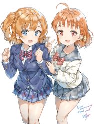 Rule 34 | 2girls, :d, absurdres, ahoge, blazer, blue eyes, blue jacket, blue sailor collar, blue skirt, bow, bowtie, braid, breasts, brown hair, buttons, collarbone, collared shirt, hair bow, highres, in-franchise crossover, jacket, kosaka honoka, long sleeves, looking at viewer, love live!, love live! school idol project, medium breasts, miniskirt, multiple girls, one side up, open mouth, orange hair, plaid, plaid skirt, pleated skirt, red bow, red eyes, red neckwear, sailor collar, school uniform, shirt, short hair, signature, simple background, skirt, smile, standing, striped bow, striped bowtie, striped clothes, striped neckwear, takami chika, takenoko no you, white background, white shirt, wing collar, yellow bow