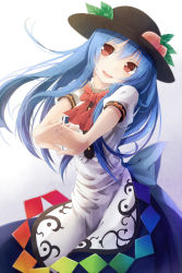 Rule 34 | 1girl, bad id, bad pixiv id, blue hair, dress, female focus, food, fruit, hat, head tilt, highres, hinanawi tenshi, long hair, nunucco, open mouth, outstretched arms, peach, red eyes, solo, touhou