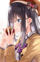 Rule 34 | 1girl, beret, black hair, blue eyes, blush, bow, brown hat, brown jacket, chocolate, collared shirt, commentary request, diagonal stripes, dress shirt, food, fujima takuya, gradient background, grey background, hair between eyes, hands up, hat, highres, holding, holding food, jacket, long hair, looking away, nail polish, open clothes, open jacket, original, parted lips, purple bow, shirt, solo, striped, striped bow, upper body, valentine, white background, white shirt