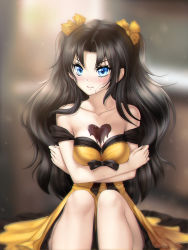 Rule 34 | 1girl, bare legs, bare shoulders, black hair, black ribbon, blue eyes, blurry, blurry background, blush, breasts, candy, chocolate, chocolate heart, chocolate on body, chocolate on breasts, cleavage, closed mouth, collar, dress, feet out of frame, food, gigamessy, hair ribbon, heart, heart on chest, long hair, looking at viewer, medium breasts, off-shoulder dress, off shoulder, original, ribbon, self hug, sitting, solo, two side up, very long hair, yellow dress, yellow ribbon