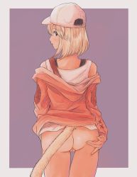 Rule 34 | 1girl, ass, baseball cap, black bra, blonde hair, border, bottomless, bra, brown eyes, cat tail, closed mouth, commentary, english commentary, final fantasy, final fantasy xiv, from behind, grey border, gusty10rk, hand on own ass, hat, highres, looking at viewer, miqo&#039;te, pink hat, purple background, pussy, red eyes, shirt, short hair, simple background, solo, tail, underwear, warrior of light (ff14), white shirt