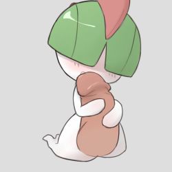 Rule 34 | 1girl, blush, bob cut, creatures (company), disembodied penis, erection, flat chest, full body, game freak, gen 3 pokemon, green hair, grey background, hair over eyes, highres, nintendo, no humans, penis, pokemon, pokemon (creature), precum, ralts, short hair, simple background, solo, standing, uncensored, youjo modoki