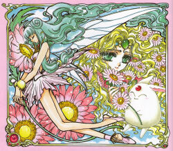 1990s_(style) 2girls absurdly_long_hair absurdres aqua_eyes aqua_hair border circlet clamp creature doughnut_hair_bun dress emeraude_(rayearth) fairy flower flying full_body hair_bun highres long_hair magic_knight_rayearth mokona multiple_girls official_art pink_border primera primera_(rayearth) retro_artstyle scan shoes single_hair_bun smile very_long_hair wings